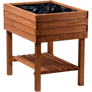 Braun lasiertes Holz-Hochbeet (80x80x60cm) mit Ablage für Gartenwerkzeug.