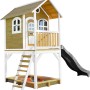 Axi Sarah Spielhaus mit Rutsche, Sandkasten, Leiter in Braun, Weiß und Grau. Ideal für Kinder zum Spielen im Garten.