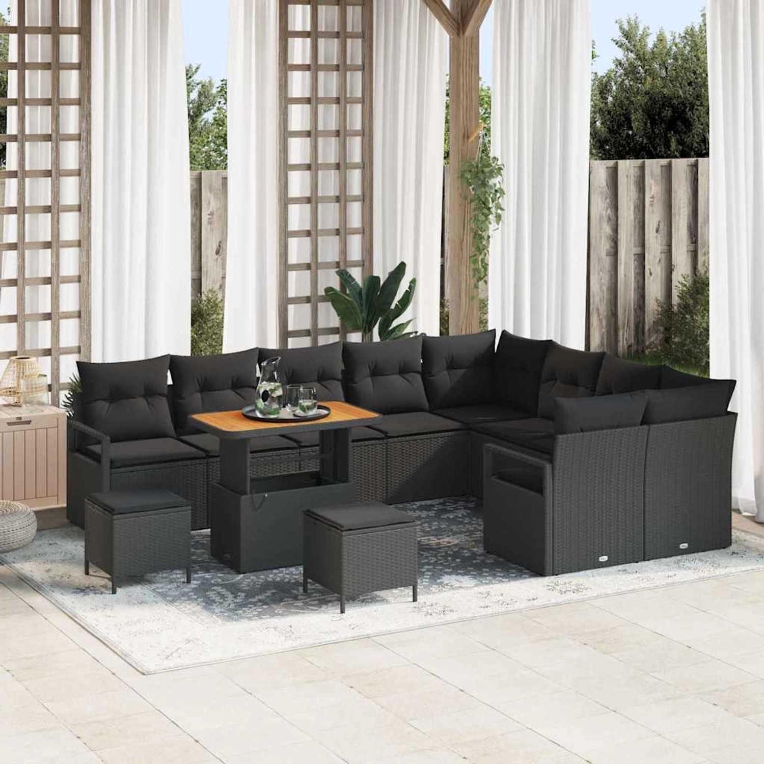 vidaXL Garten-Sofa-Set, 12-teilig, schwarz, Poly Rattan, mit Tisch und Kissen.