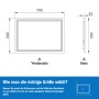 Skizze eines LED Badspiegels 70x50 cm mit Maßangaben für Bad und Badezimmer.