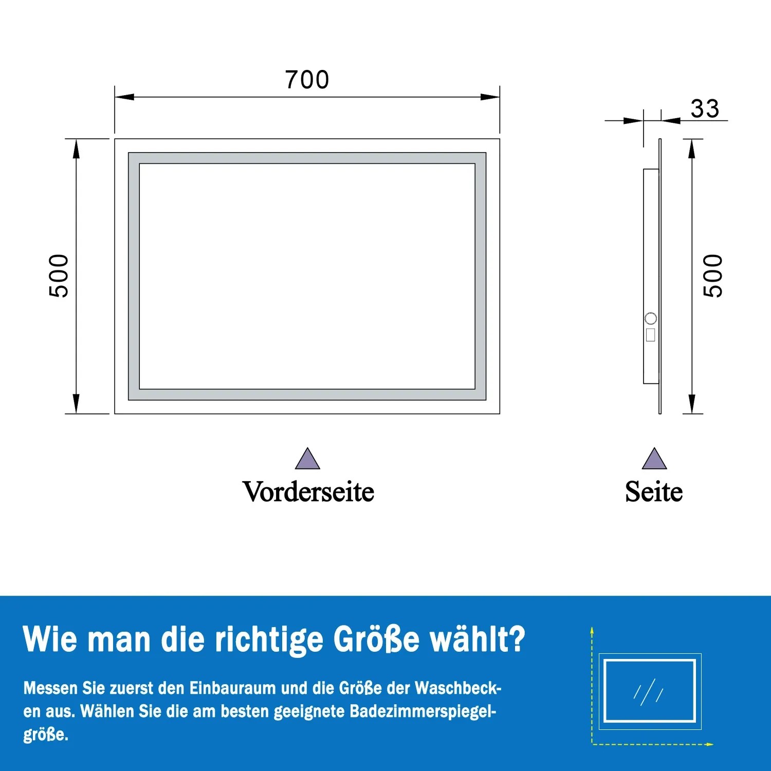 Skizze eines LED Badspiegels 70x50 cm mit Maßangaben für Bad und Badezimmer.