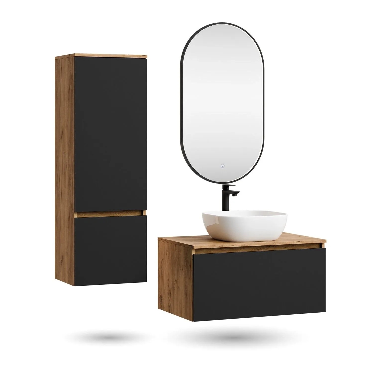 Planetmöbel ARISA Badmöbel Set 80 cm Schwarz mit Hochschrank Glora LED Spiegel Dimmbar und Keramik Aufsatzwaschbecken 42 cm Weiß