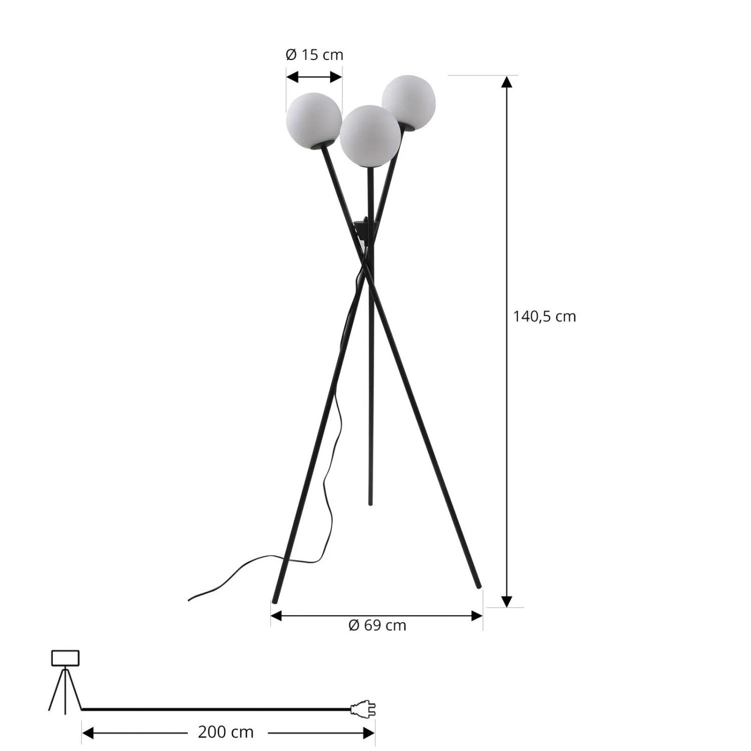 Moderne Lucande Visata Dreibein-Stehlampe, schwarz, mit drei Leuchtkugeln. Ideal für Wohnzimmer.