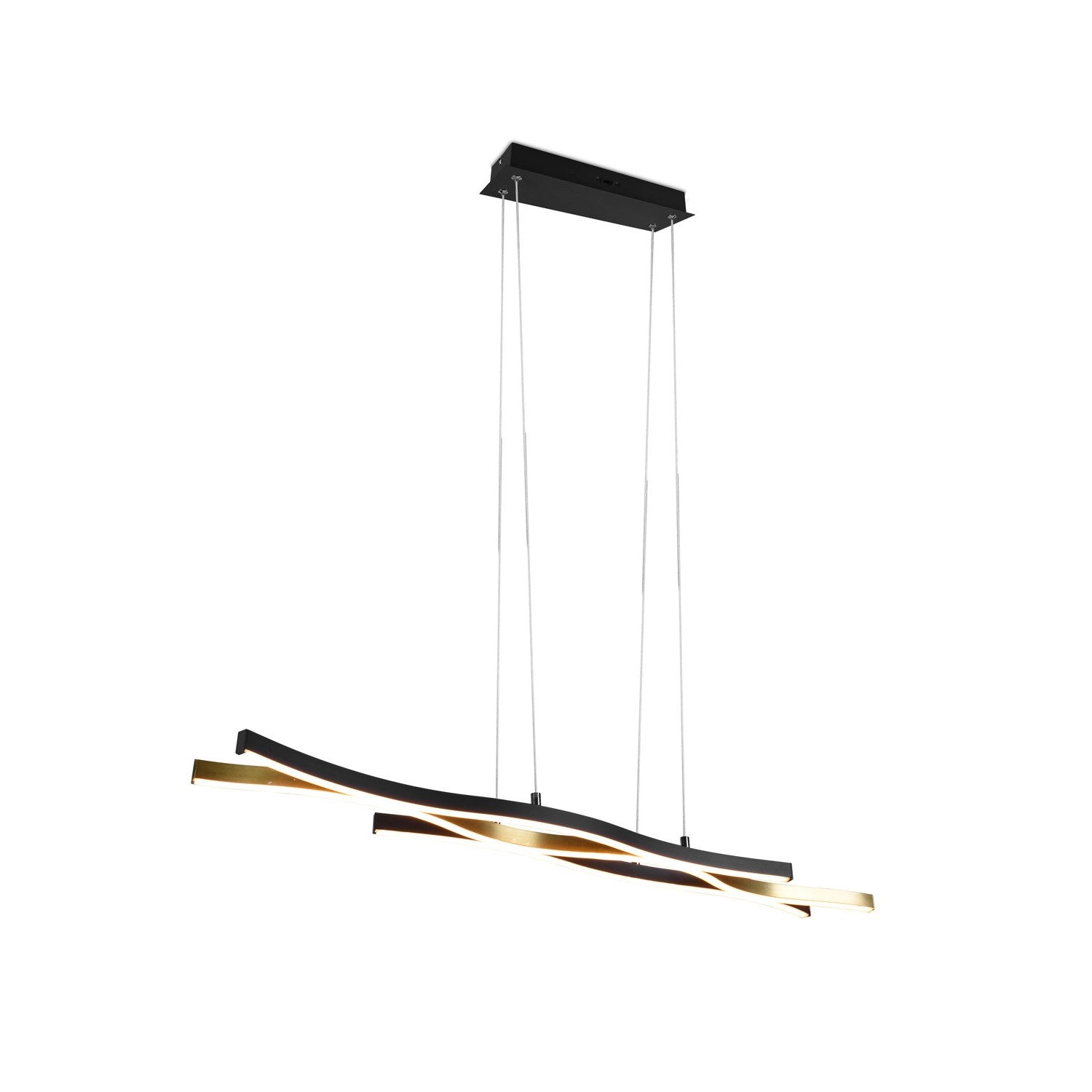 Moderne Trio LED-Pendelleuchte Blaze, 1-flammig, in Schwarz und Messing matt, 107,5 cm breit.