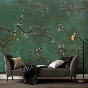 Art for the Home Fototapete Chinese bloesem groen, Detailaufnahme mit Couch und Lampe.