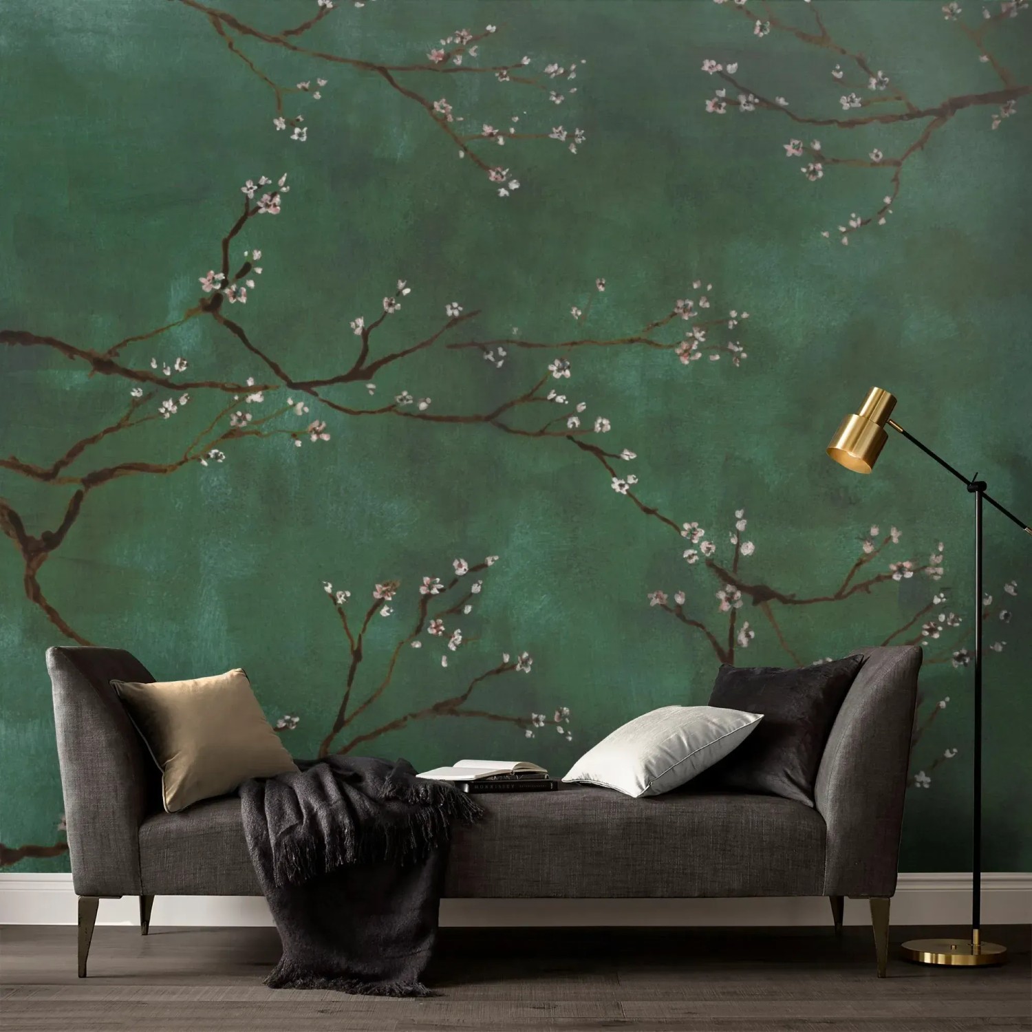 Art for the Home Fototapete Chinese bloesem groen, Detailaufnahme mit Couch und Lampe.