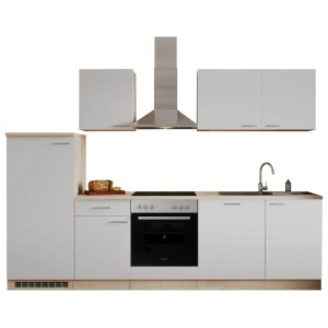 Moderne Respekta Küchenzeile 280 cm in Weiß mit Eiche-Natura Arbeitsplatte, Backofen, Kochfeld, Spüle, Kühlschrank.