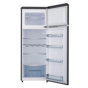 Offene Wolkenstein Kühl-Gefrierkombination GK212.4RT B, schwarz matt, mit Glasablagen und LED-Beleuchtung.