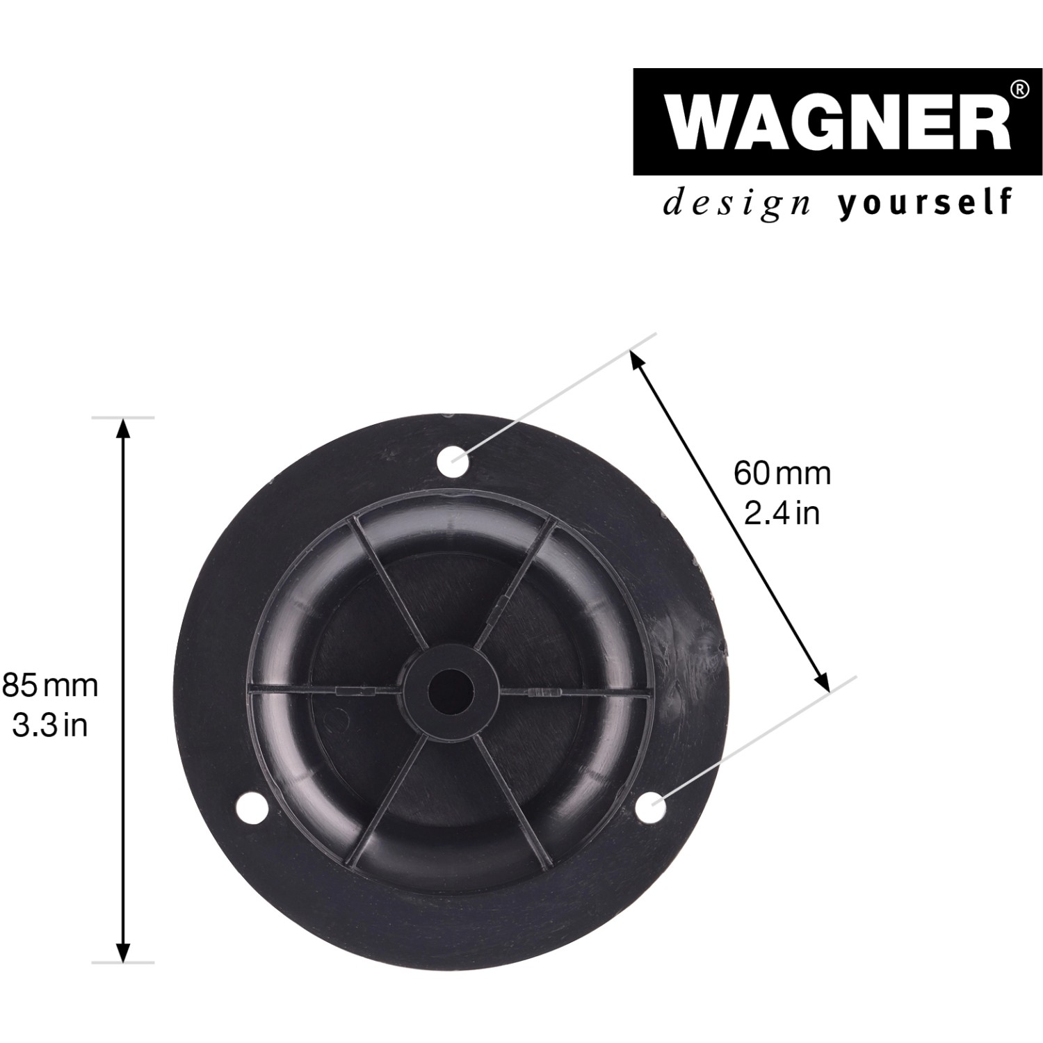 Wagner Möbelfuß, Ø 5 cm, justierbar, 8-10,5 cm, schwarz-matt, Detailansicht der Anschraubplatte.