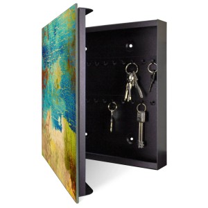 Offener, schwarzer Banjado Schlüsselkasten mit Glasfront, Motiv Patina, 50 Haken und Magnetfunktion.