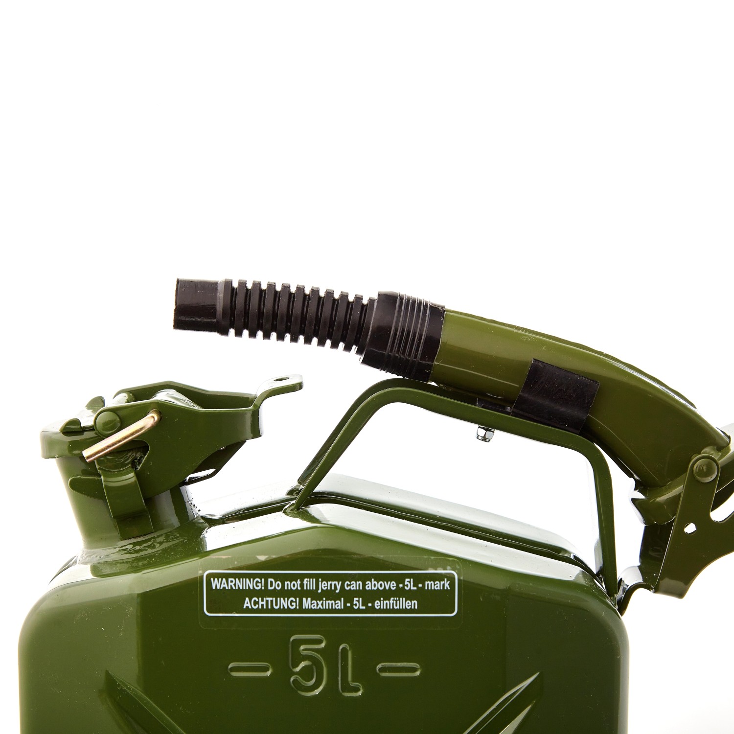 Olivgrüner 5L Metall Kraftstoffkanister mit Ausgießer für Pannenhilfe.