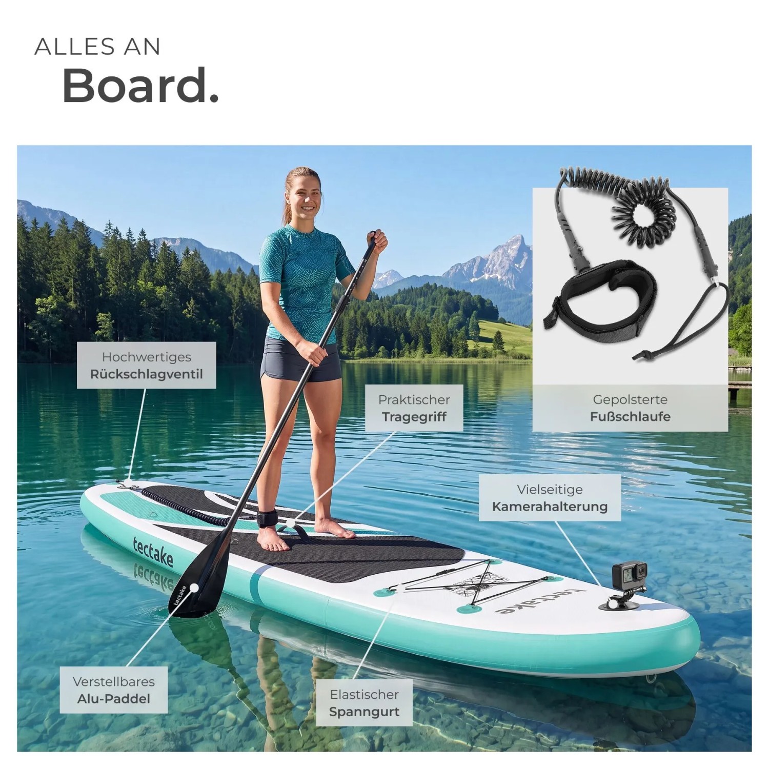Frau paddelt auf aufblasbarem Tectake SUP Board Zenon auf See. Zeigt Paddel, Kamerahalterung, Fußschlaufe. Stabil & rutschfest.