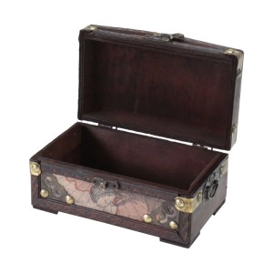 Offene HMF Schmuckschatulle Kolumbien aus Holz mit Weltkarten-Motiv und Metallbeschlägen.