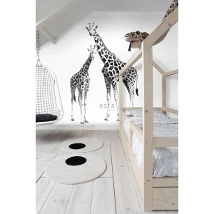 ESTAhome Fototapete Giraffen in Schwarz-Weiß im Kinderzimmer mit Bett und Deko.