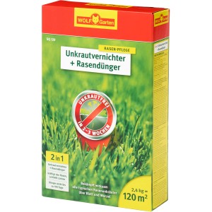 Wolf-Garten Unkrautvernichter + Rasendünger 2in1, 2,4kg Packung für 120m² Rasenfläche.
