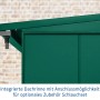 Detailaufnahme: Moosgrünes EcoStar Kaminholzregal Elegant-V Typ 1 mit integrierter Dachrinne.