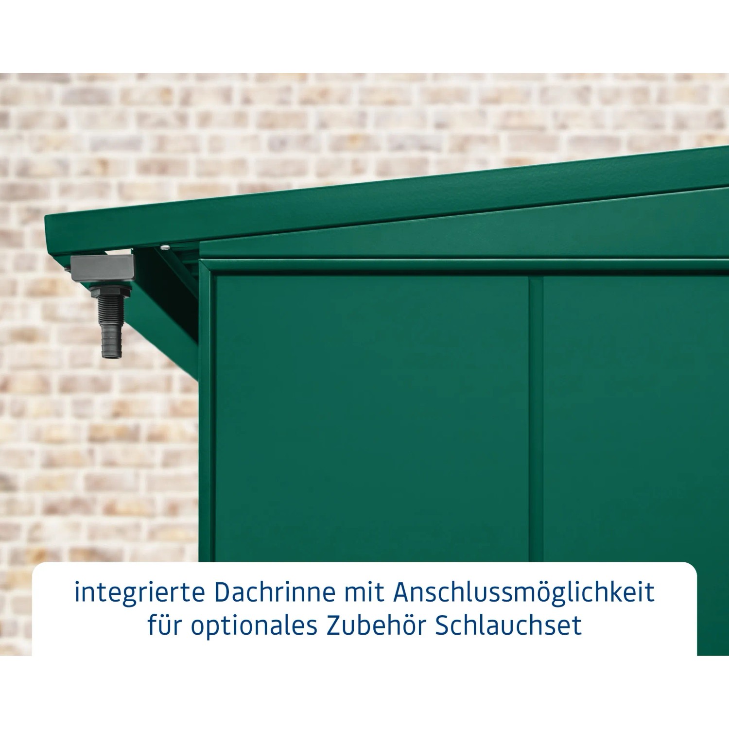 Detailaufnahme: Moosgrünes EcoStar Kaminholzregal Elegant-V Typ 1 mit integrierter Dachrinne.