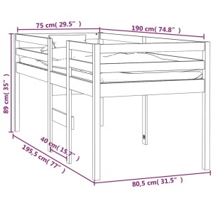 vidaXL Hochbett 75x190 cm aus Kiefernholz, Umrisszeichnung mit Maßangaben.