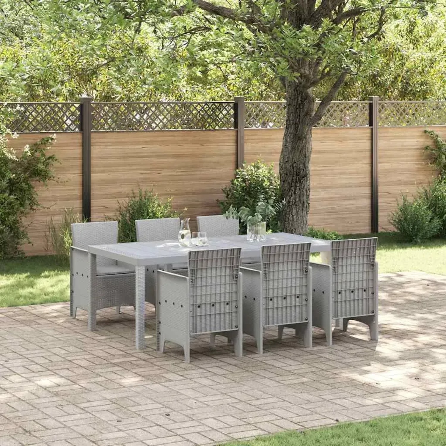 Hellgraue 7-teilige Garten Essgruppe aus Polyrattan von vidaXL für 6 Personen.