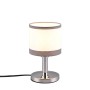 Design-Tischlampe Davos mit Chromfuß und grau-weißem Stoffschirm, 12x12cm.