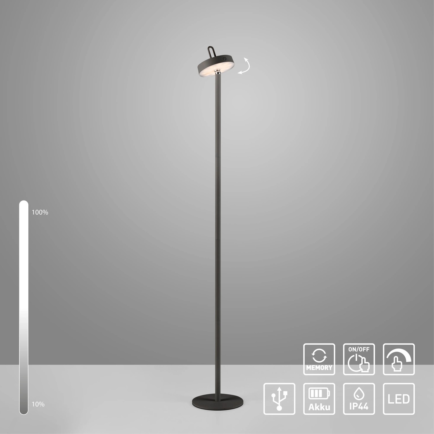 Schwarze LED Akku Stehleuchte Amag, dimmbar, für Innen- und Außenbereich. Dekorative Außenleuchte.