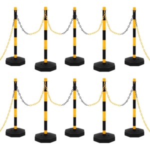 DELUKE Kettenpfosten Set mit gelber Kette, 10 Stück. Absperrpfosten für Baustellen und Parkplätze.