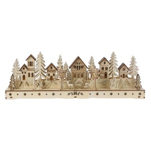 Dekoratives LED-Holzhaus, Weihnachtsdorf aus Naturholz mit Häusern, Bäumen, Tieren, warmweißer LED-Beleuchtung, batteriebetrieben.
