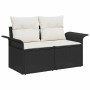 Schwarzes vidaXL Garten-Sofa-Set aus Polyrattan mit weißen Kissen, 6-teilig.