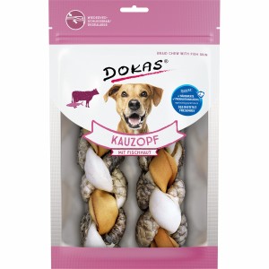 Dokas Kauzopf Fischhaut 300g, getrockneter Hunde-Snack im wiederverschließbaren Beutel.