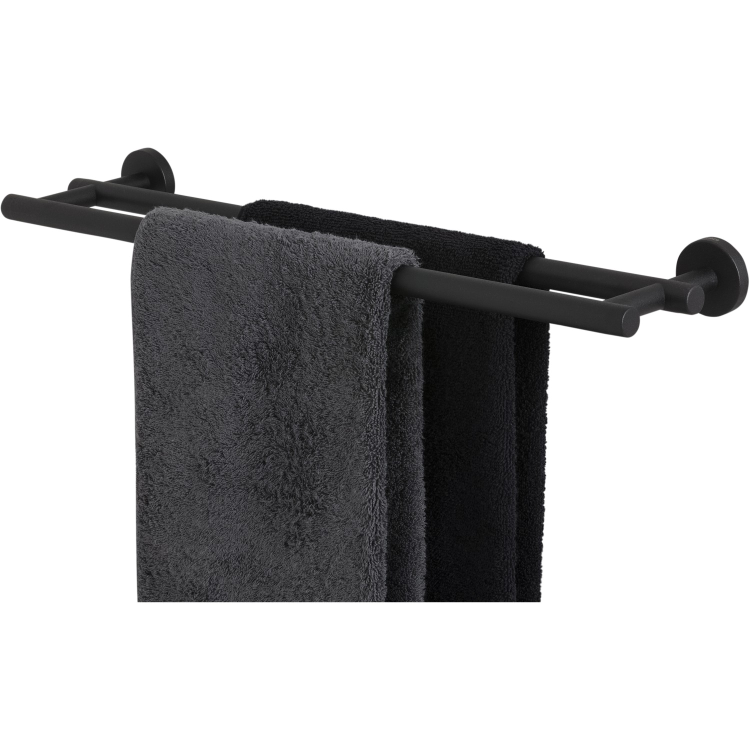 Schwarzer Tiger Handtuchhalter Boston aus Edelstahl mit zwei Handtüchern.