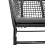 Detailaufnahme: Schwarzer Rattan Gartenstuhl mit grauem Kissen, Teil der 9-tlg. Essgruppe.