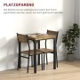 Rustikal-braune Essgruppe mit Tisch und zwei Stühlen aus MDF und Metall. Platzsparendes Design.