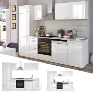 Vicco Optima Küchenzeile, 270 cm, weiß, ohne Arbeitsplatte, mit LED-Leisten.