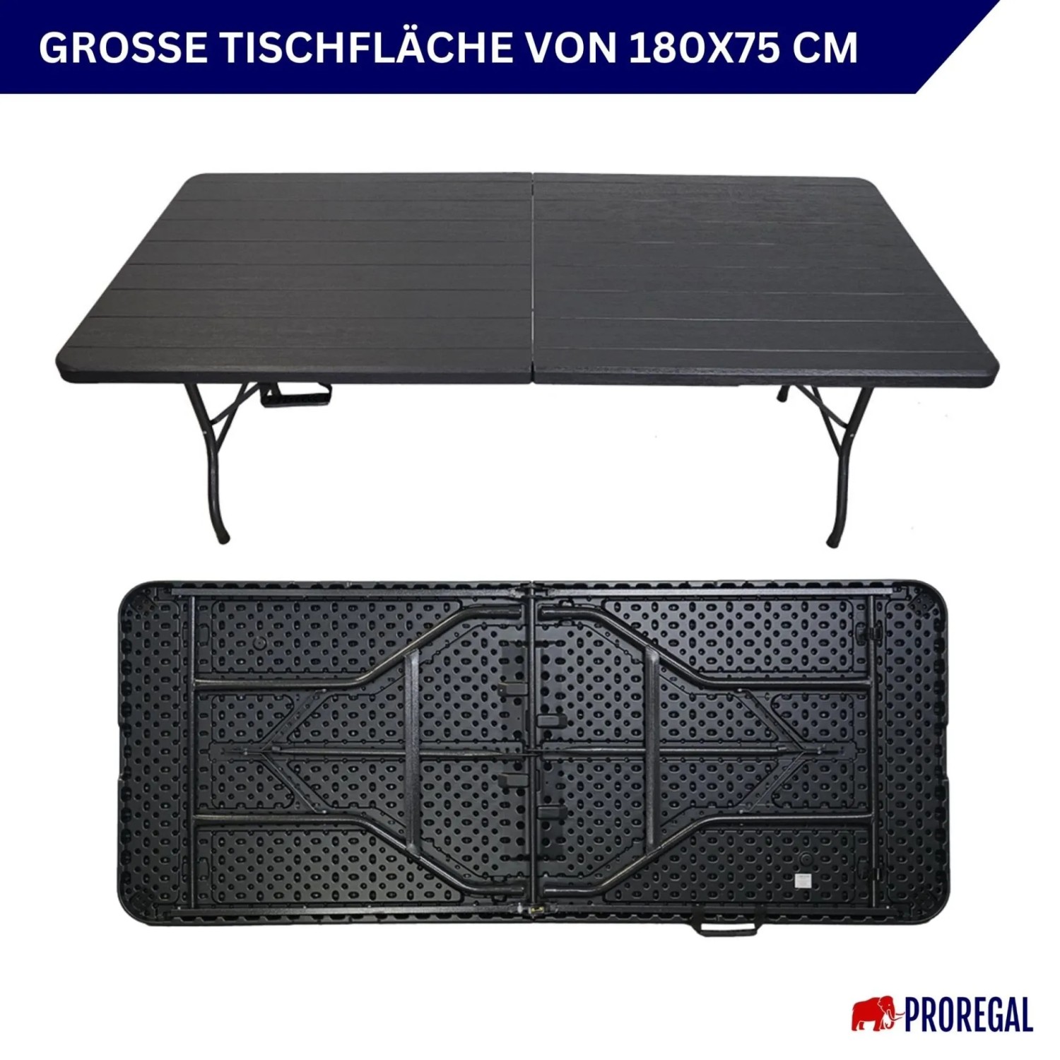 CHEFGASTRO Klapptisch 180x74cm, Gartentisch wetterfest, Holz Optik Schwarz, geklappt und aufgebaut.