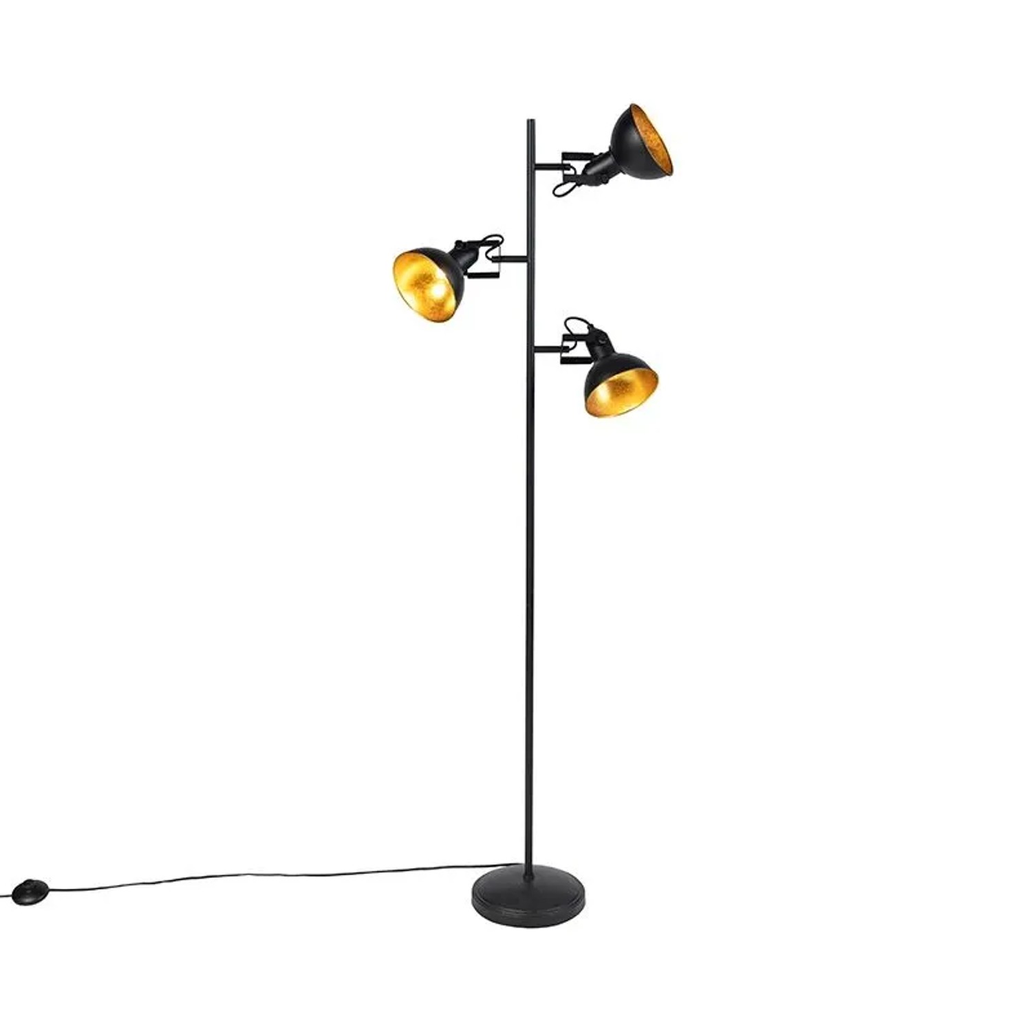 QAZQA Industrielle Stehlampe Schwarz mit Goldenen 3 Lichtern Tommy