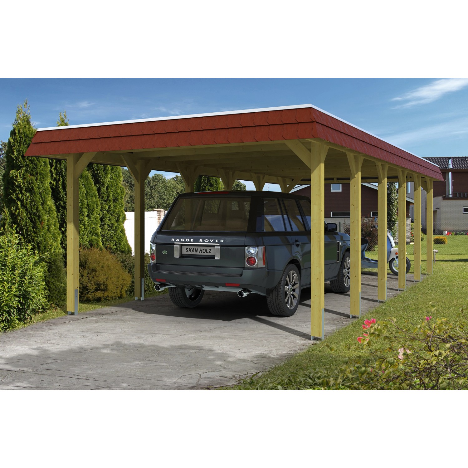 Skan Holz Walmdach-Carport Spreewald 396 cm x 893 cm Blende in Rot günstig online kaufen