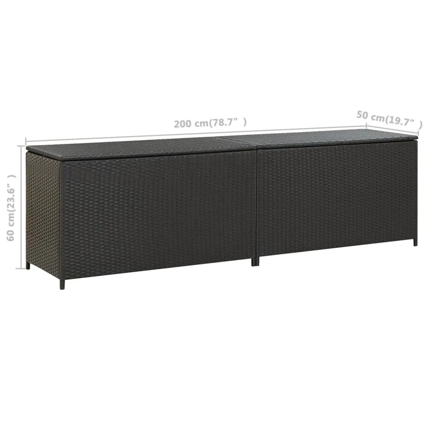 Schwarze VidaXL Gartenbox aus Poly Rattan, 200x50x60 cm, ideal zur Aufbewahrung im Garten.