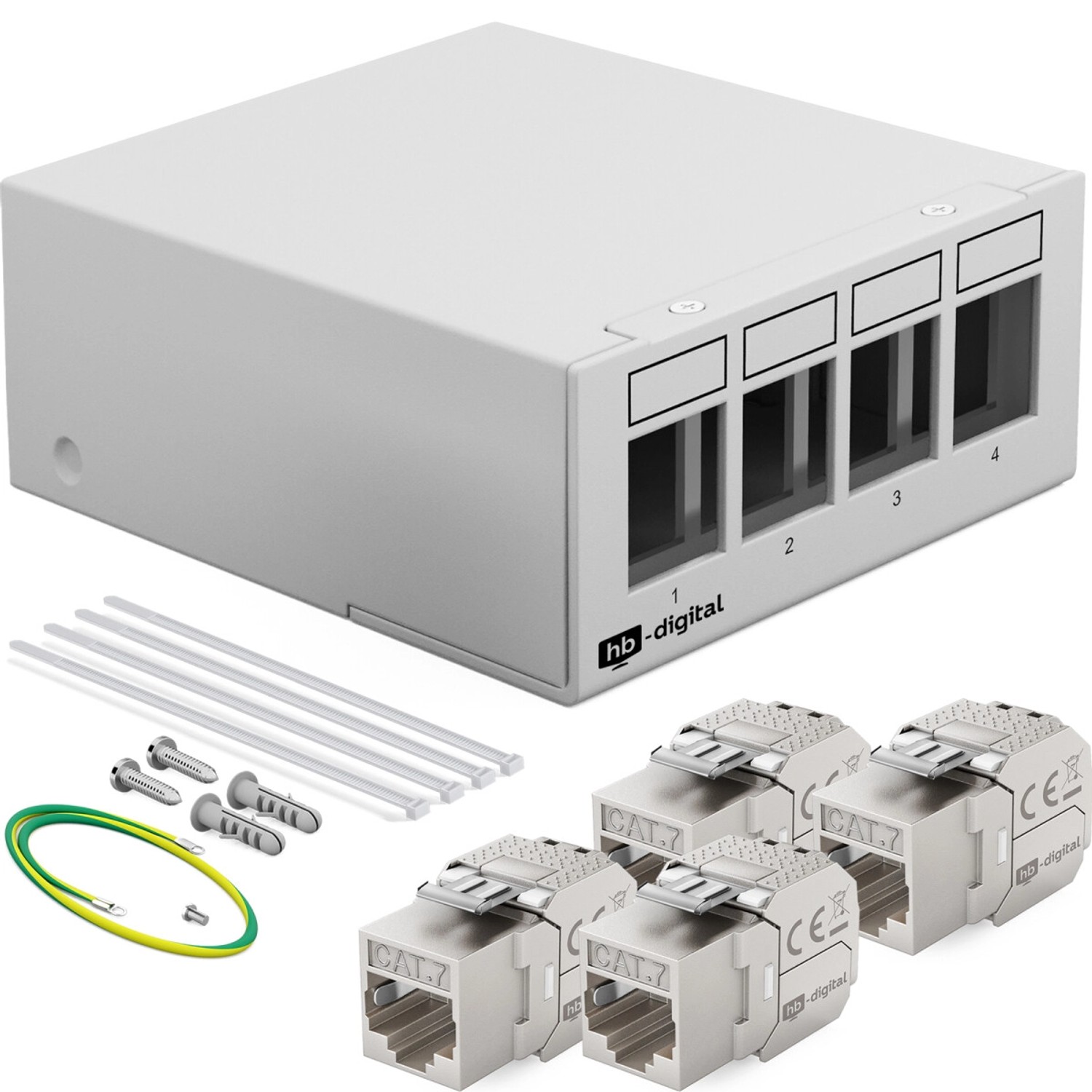 hb-digital Patch Panel 4 Port mit 4x Keystone Module Cat 7 Hellgrau