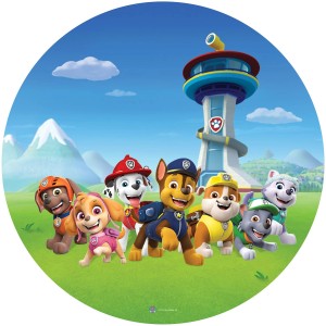Runde Paw Patrol Tapete, selbstklebend, Ø 70cm. Wandtattoo mit den Helden vor der Kommandozentrale.