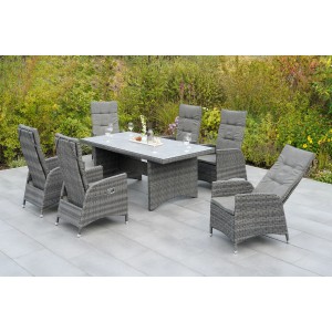 Merxx Bologna Gartenmöbel-Set mit 6 Sesseln und Tisch in Steinoptik. Sitzgruppe aus grauem Kunststoffgeflecht mit Auflagen.