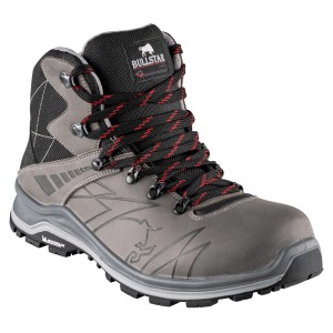 Michelin Sicherheitsstiefel Turbo S3, grau, Größe 41. Arbeitsschuh mit schwarzer Sohle und roten Schnürsenkeln.