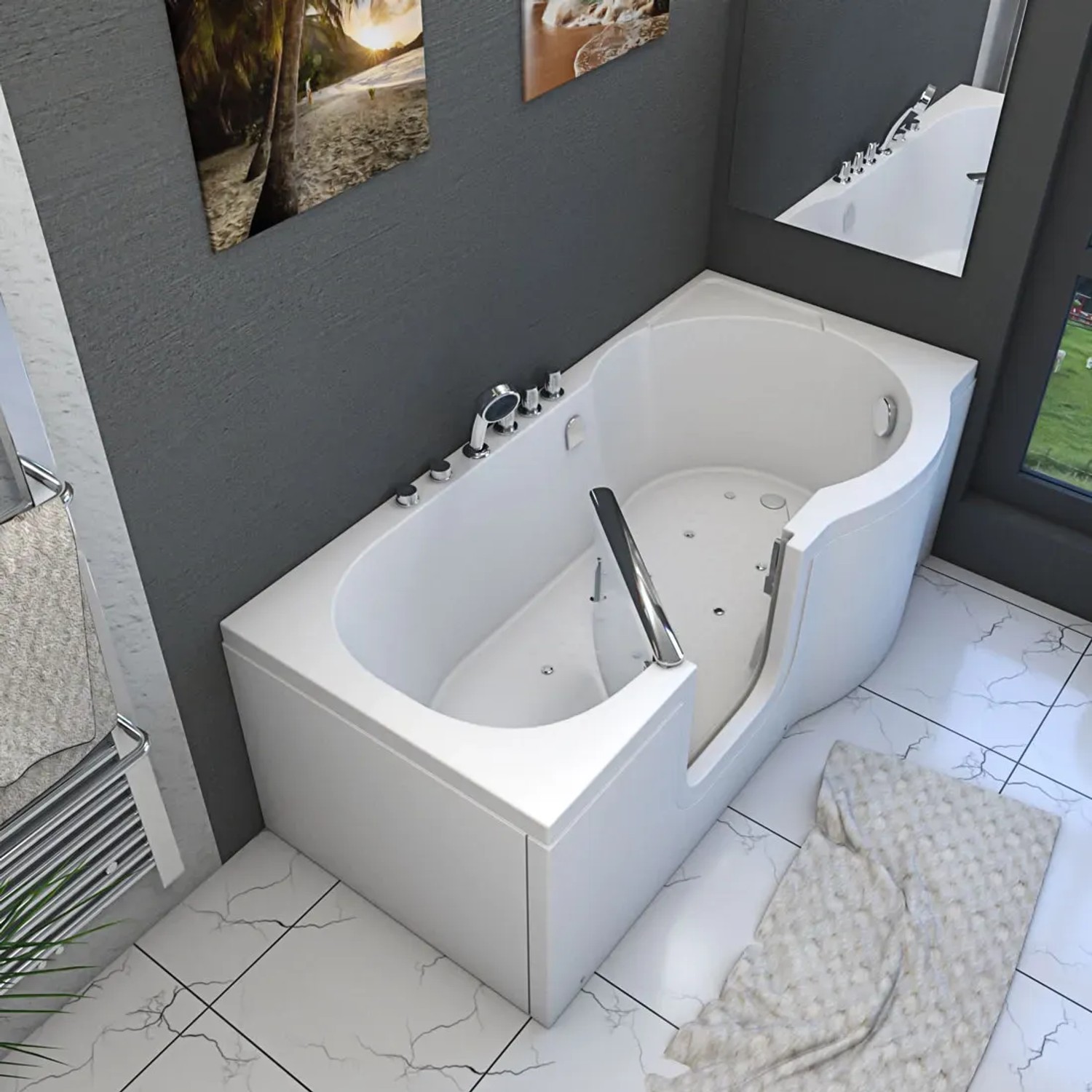 AquaVapore Seniorenwanne mit Tür, Whirlpoolfunktion, 170x85cm. Rechteckige Badewanne mit Einstiegstür.
