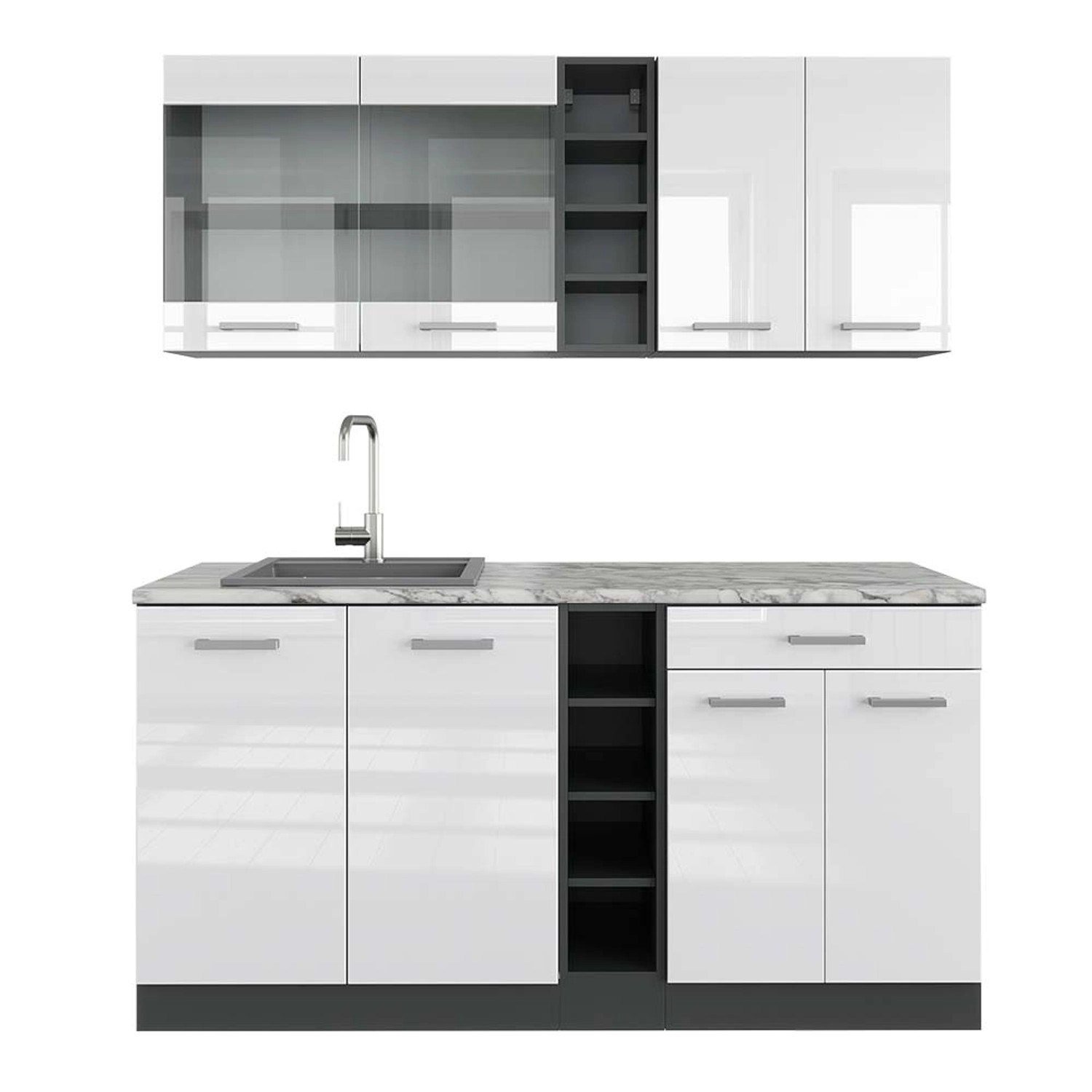 Vicco R-Line Singleküche Weiß Hochglanz/Anthrazit 160 cm AP Marmor günstig online kaufen