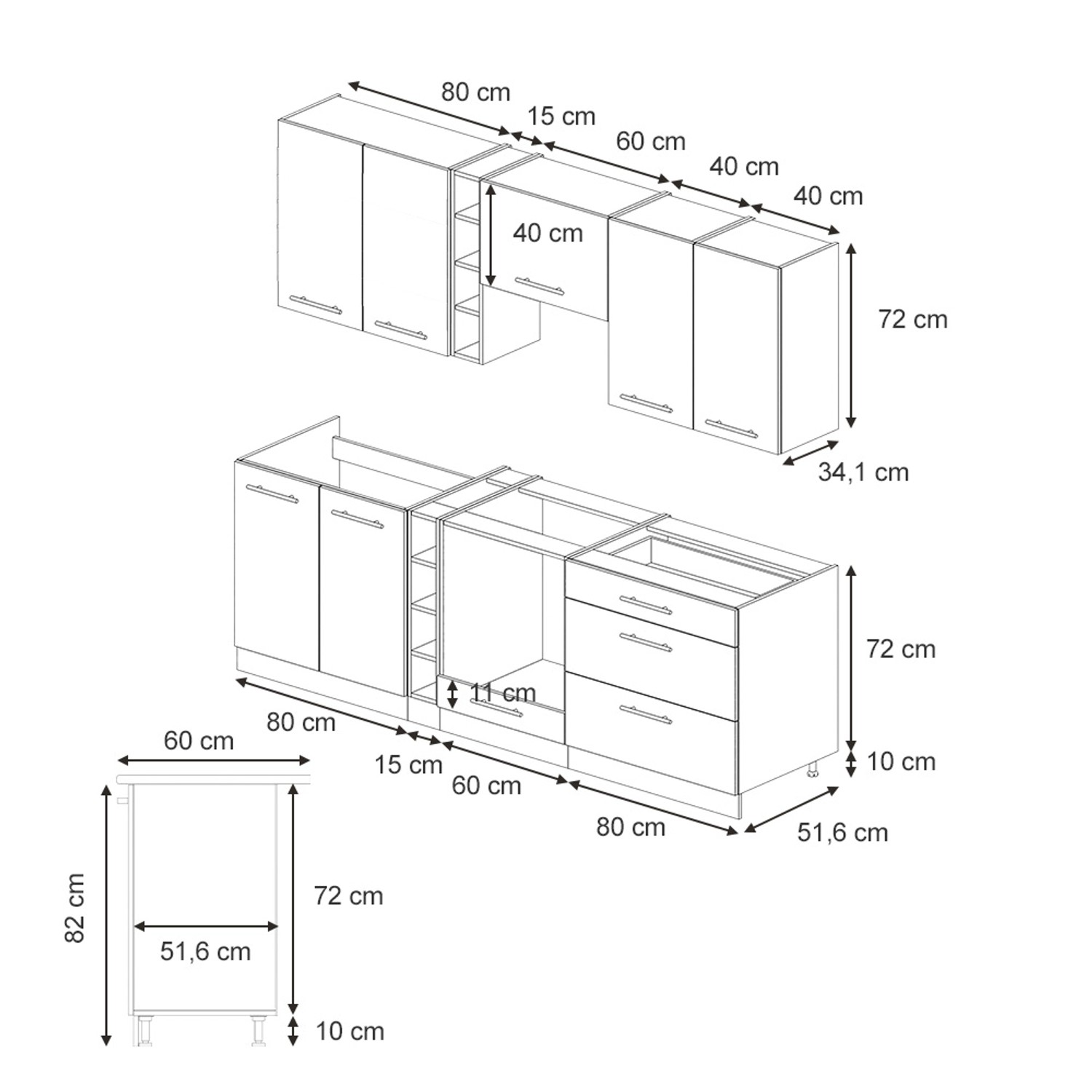 Skizze der Vicco Fame-Line Küchenzeile 235 cm in GrauBeige/Anthrazit mit Maßangaben.
