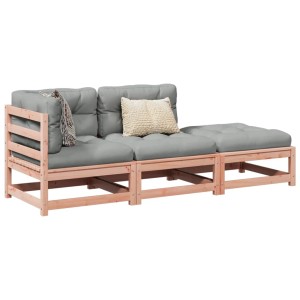 vidaXL 3-Tlg. Garten-Sofagarnitur aus Douglasie mit grauen Kissen und Hockerelement.