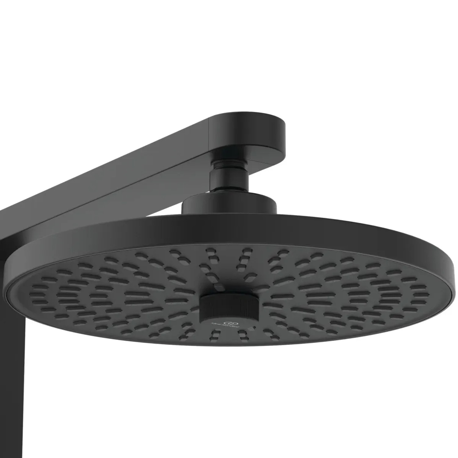 Detailaufnahme: Runde, mattschwarze Regenbrause des Ideal Standard Duschsystems.