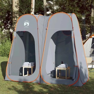 Grau-oranges Pop-Up Sichtschutzzelt im Freien. Ideal als Umkleide- oder Duschzelt für Camping & Outdoor.