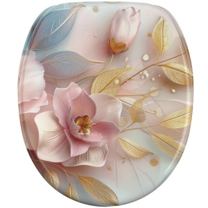 SANILO WC-Sitz Florentia mit Absenkautomatik, Blumenmuster in Rosa und Gold.