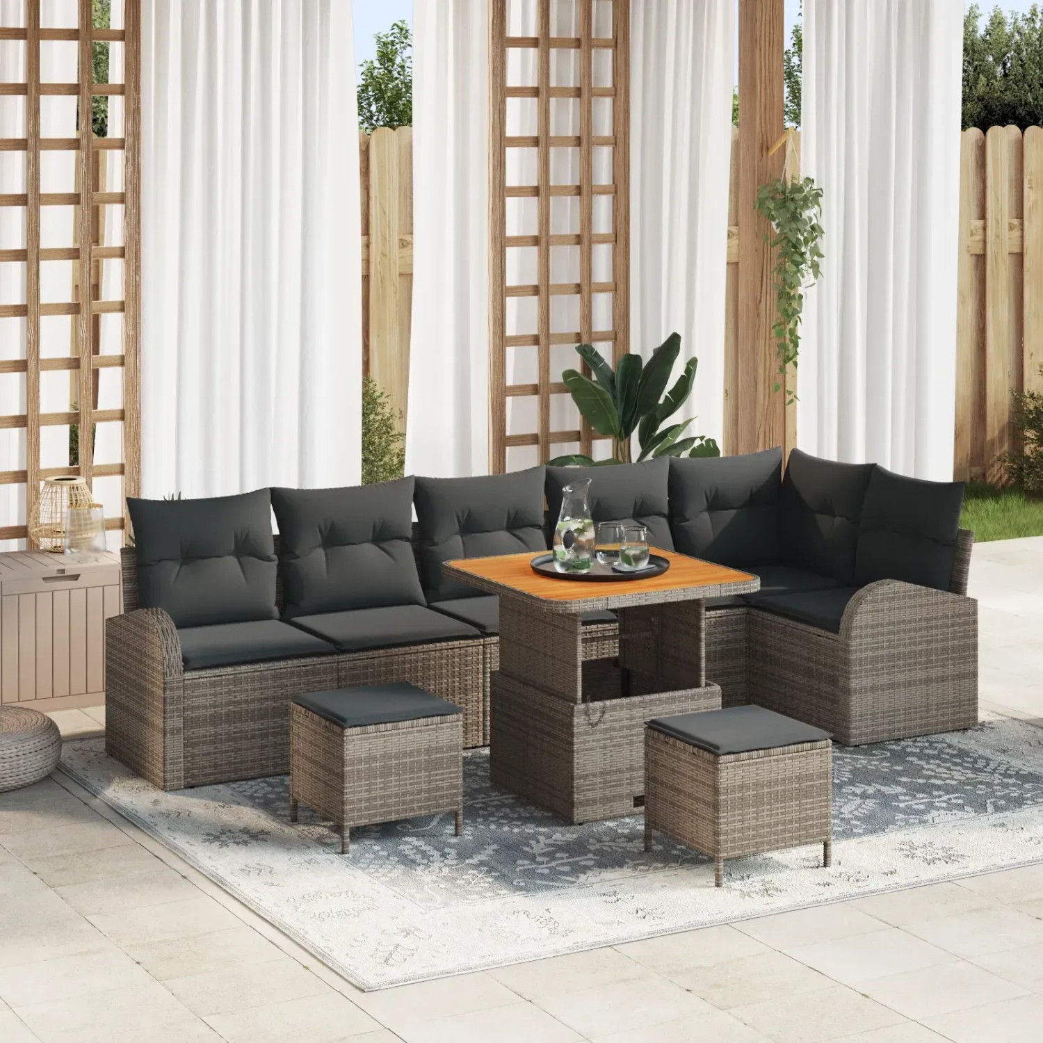 Graues 9-teiliges vidaXL Garten-Sofa-Set aus Rattan mit Tisch und Kissen.