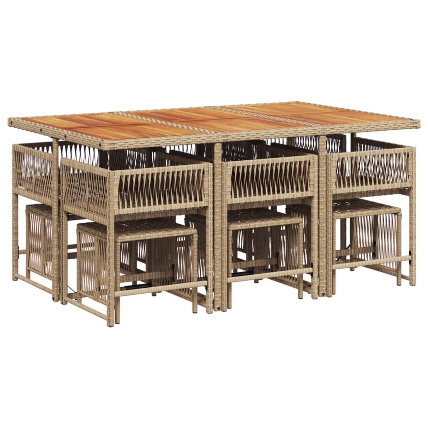 11-teilige Garten-Essgruppe aus Rattan mit Tisch, Stühlen und Hockern in Beige.